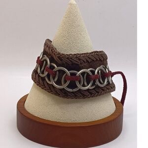 Vintage Unisex Bracelet, Leather Strap and Circular Metal Rings, Cord Detailing.